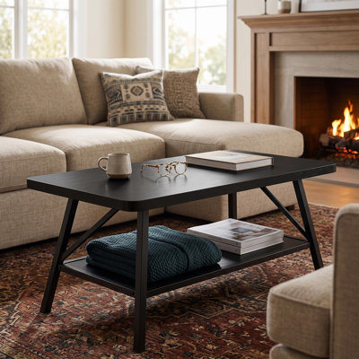 39.4"L x 15.7"W x 17.7"H Industrial Coffee Table with Lower Storage Shelf, Narrow Rectangular Cocktail Table for Living Room, Sturdy Black Metal Frame Engineered Wood Top, Black Finish