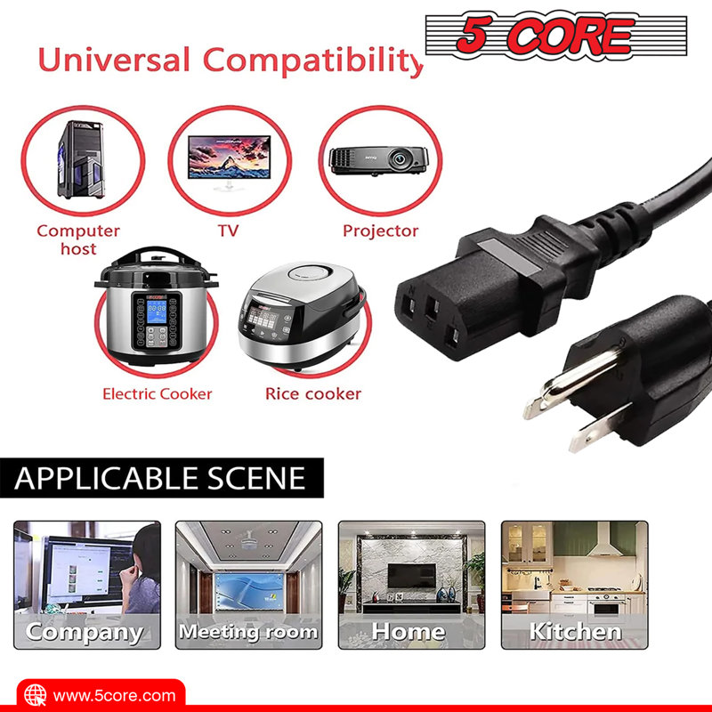 5 Core 3 Prong Extension Power Cord 10 Feet Three Prong D Heavy Duty Plug Extender Cable