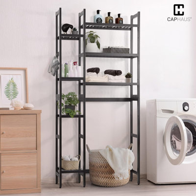 Rangement au-dessus de la toilette réglable en bambou de 31 pouces avec crochets et tablettes latérales, options multiples