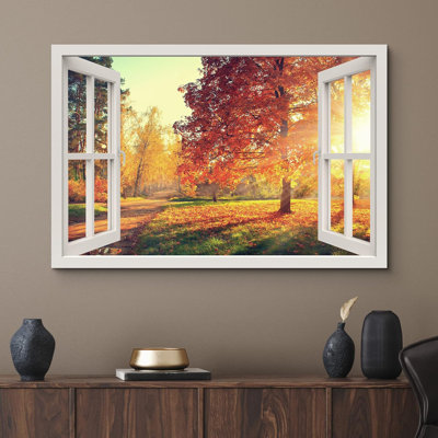 Fenêtre de paysage «Window View Orange Autumn Fall Forest Tree Park Nature Scenic Landscape» sur toile
