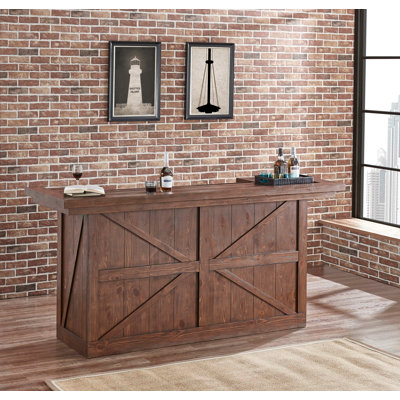 American Heritage Bristol Solid Wood Home Bar - Rustic Brown Finish with Glass Stemware Holders, Bottle Storage & Stone Cutting Surface by American Heritage