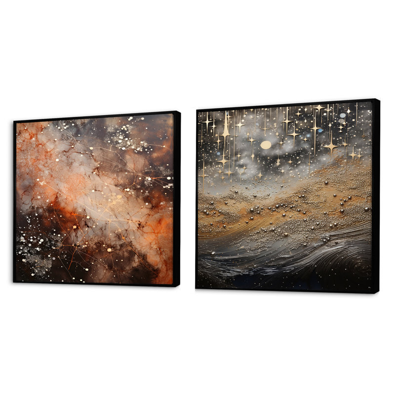 Constellation Starry - Ensemble de 2 collages abstraits carrés, Cadre flottant noir, H 16 po x l 33 po