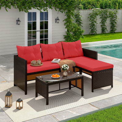 3 Piece Outdoor Patio Furniture Set, All-Weather PE Rattan Sofa Set With Glass Table & Cushions, Perfect For Garden, Poolside, Yard
