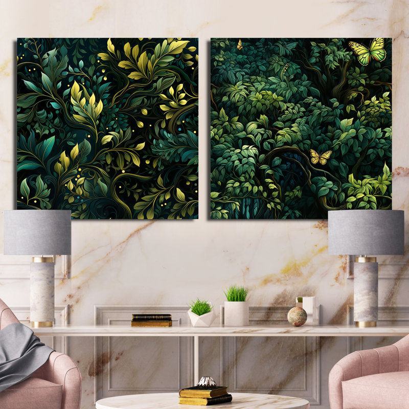 Hanshew - Ensemble de 2 collages carrés botaniques abstraits, H 16 po x l 33 po, Toile tendue