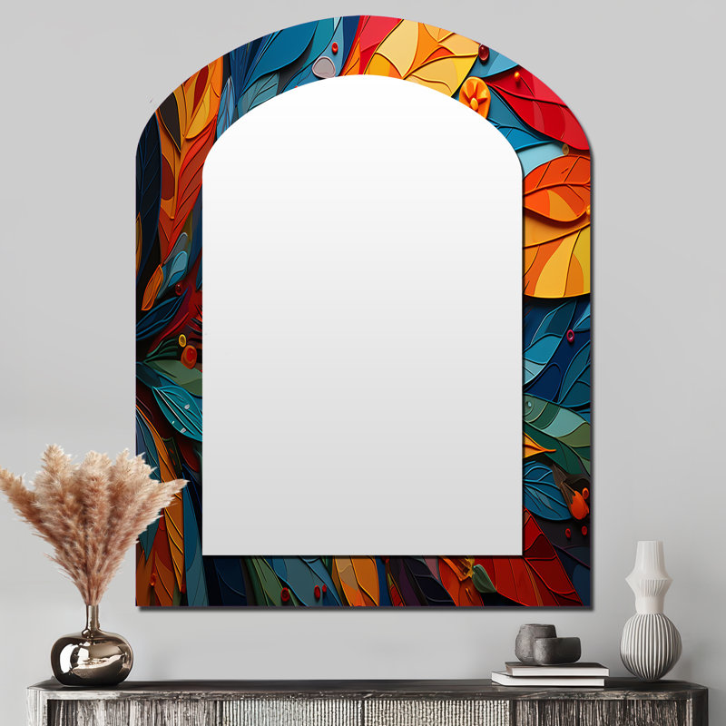 Leaf Eye Symphony - Leaves Asymmetrical Large Mirror, Traditional Arch Decorative Wall Mirror, Printed Metal Art, 43" x 33"
