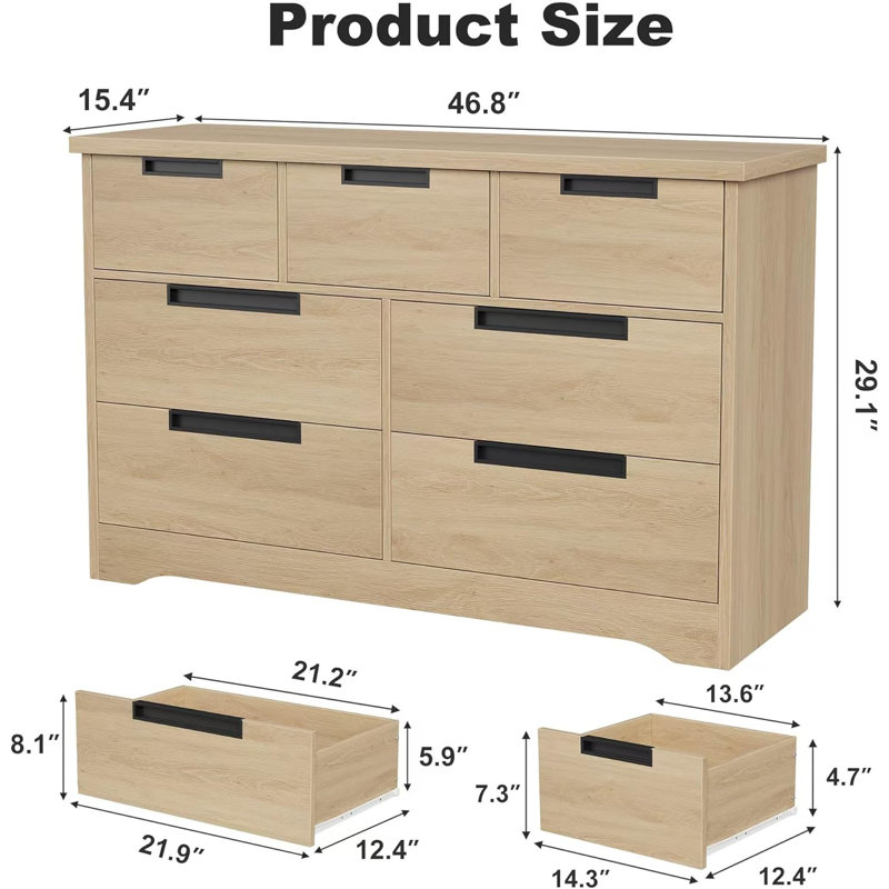 Commode 7 tiroirs pour la chambre à coucher, organisateur de commode double moderne avec poignées intégrées, commode en bois pour le salon
