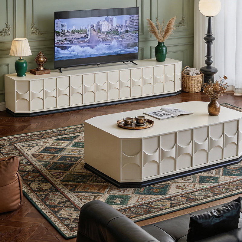 Meuble télé en bois massif ivoire de 220 cm (86,61 po) avec fini peinture douce au toucher