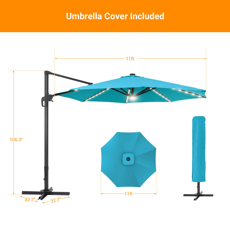 Parasol excentré à DEL en porte-à-faux 11 pi avec base Olufisayo, Bleu clair