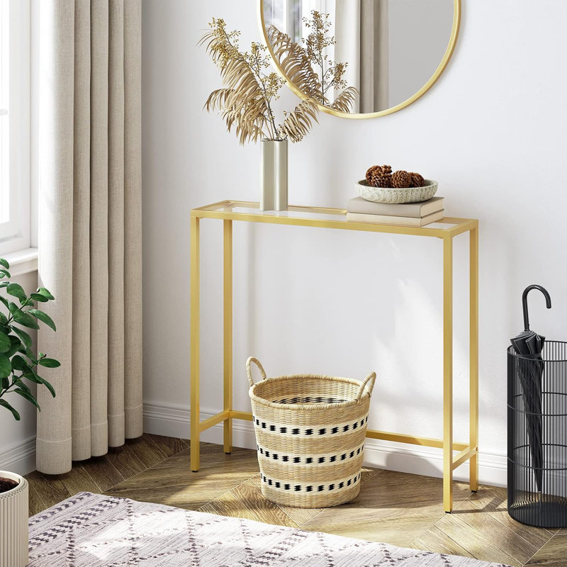 29.5" Narrow Console Table With Tempered Glass Top, Modern Sofa Table For Living Room, Entryway, Foyer, Hallway, Bedroom - Gold Finish GD07XG01