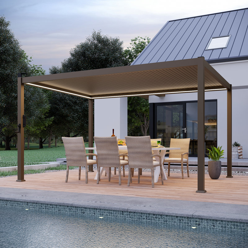Solar LED Metal Pergola with Adjustable Louvered Roof for Patio, 10 ft x 13 ft