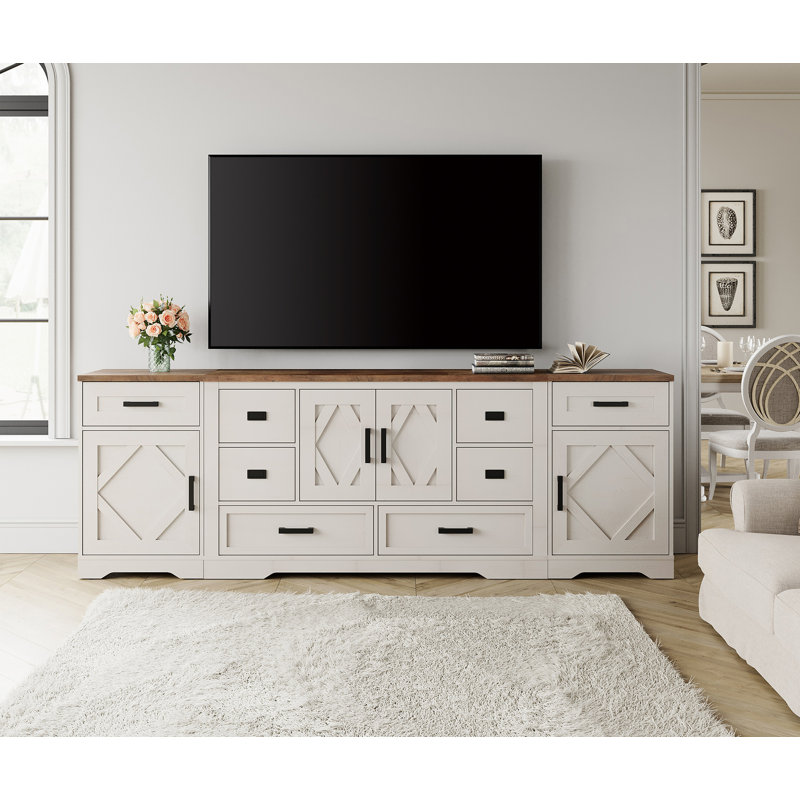 Glenford Farmhouse 93.3"W Rustic Storage Cabinet Combo With Barn Doors & 8 Drawers, Adjustable Shelves, Brown/White