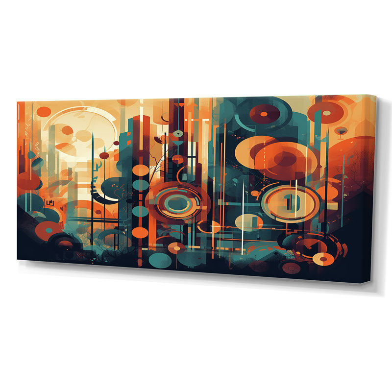Braxtyn orange et bleu abstrait nostalgie II - art abstrait Mid-Century, Toile tendue, H 28 po x l 60 po x P 1,5 po