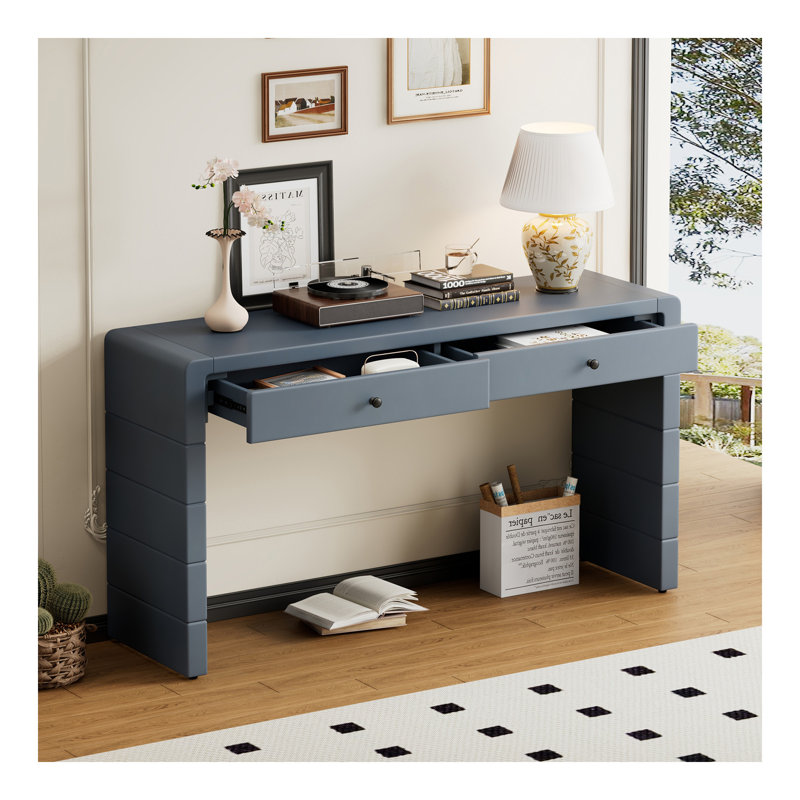 Console courbée avec rangement, table d'entrée en bois avec 2 tiroirs, console rustique de style campagnard pour entrée, couloir, salon, bleu marine
