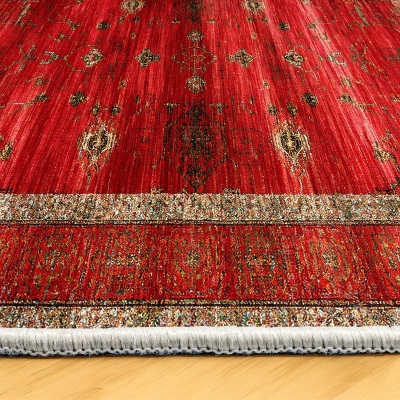 Mottos Oushak Red Oriental Machine Printed Cotton Polyester Area Rug, Runner 2'8" x 16'5"