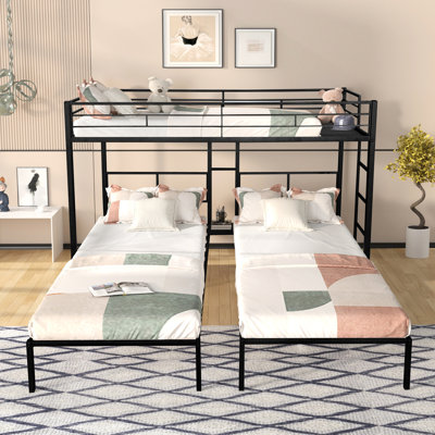 Triple Twin Bunk Bed Made Of Strong Steel, Noise Wooden Slats, Convenient Side Table, And Guardrails For Dorm Living Space Black Steel With Extended Upper Area, Family Use
