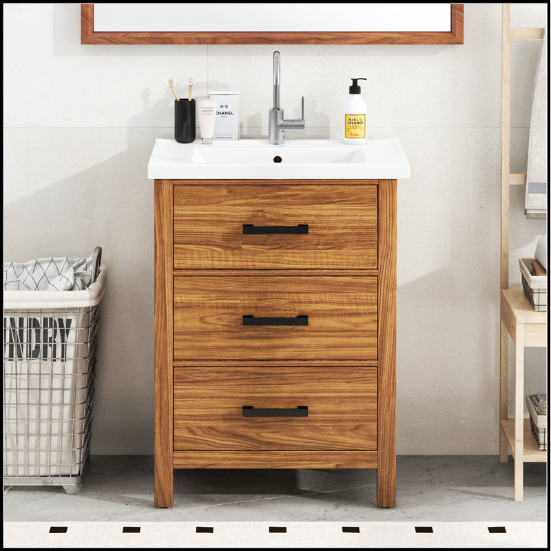 Meuble-lavabo autoportant de 24 pouces avec lavabo en céramique et trois tiroirs de rangement, parfait pour les espaces compacts