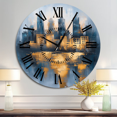 Horloge murale industrielle en métal représentant un paysage urbain abstrait jaune de New York