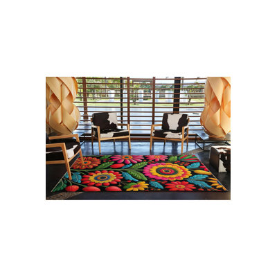 Black Themed Multicolor Floral Sunflower Patterned Modern Decorative Rug