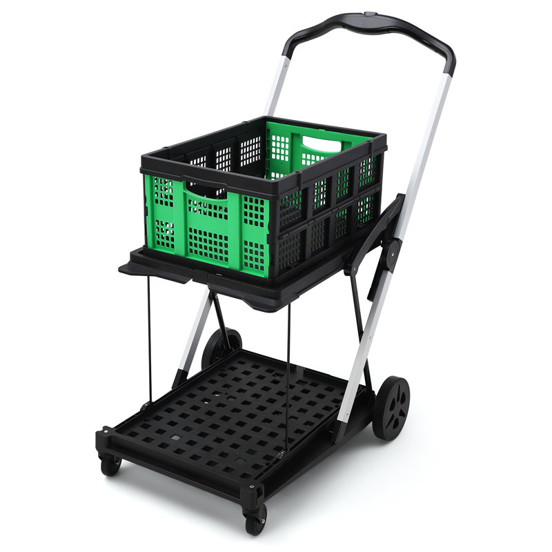 2 Tier Collapsible Shopping Cart On Wheels, Portable Folding Grocery Cart with Removable Crate, Green