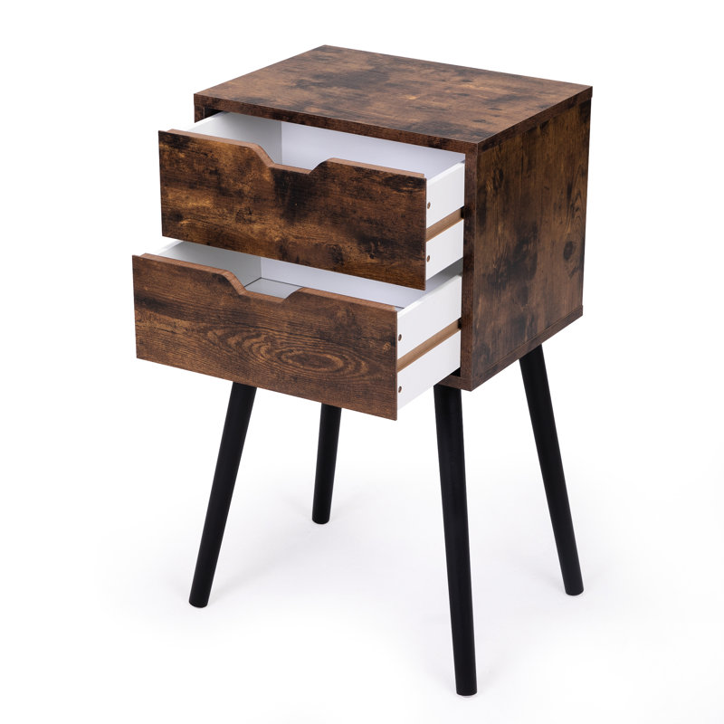 Table d'appoint de salon avec 2 tiroirs brun rustique - pieds en bois massif, Brun rustique