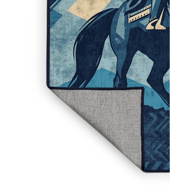Tapis géométrique bleu lavable à la machine Cilegon Mounted Warrior, 2 pi x 3 pi