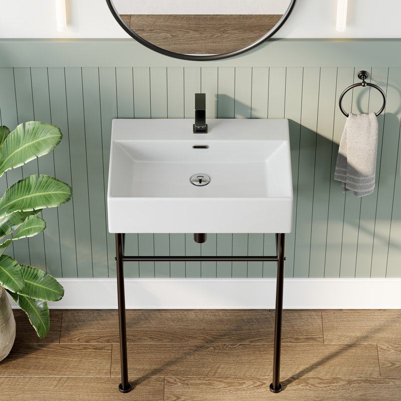 24 po Lavabo de console de salle de bain rectangulaire en céramique blanche avec pieds et trop-plein, Blanc/Noir