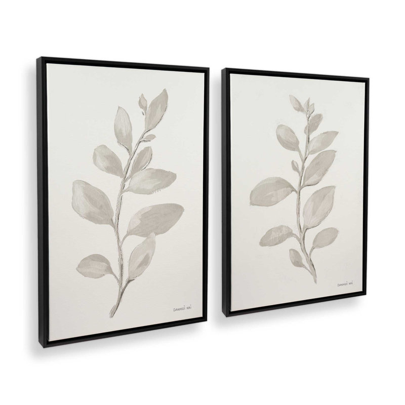 Elegant Grey Leaves Set of 2, 19" H x 26" W, Satin Black Floater Framed