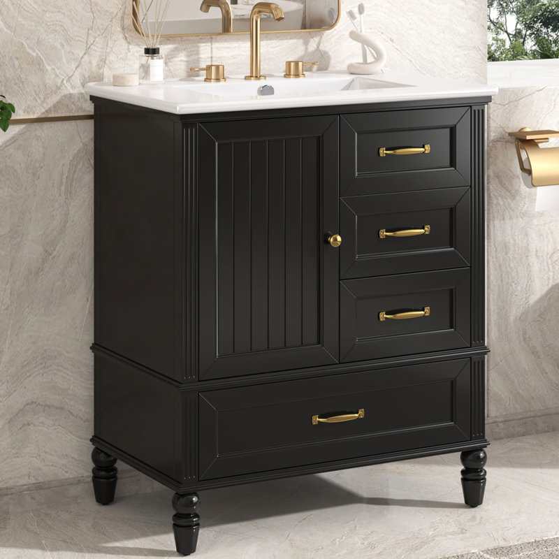 Meuble-lavabo simple 30 po avec lavabo en céramique, Noir et or