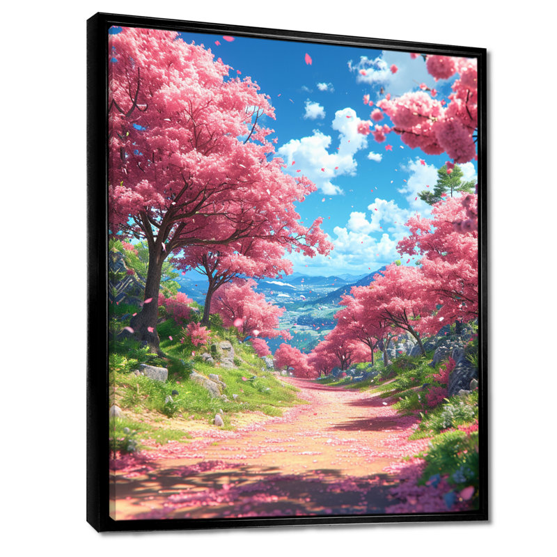 «Country Road», fleurs de cerisier roses - salon d'art mural campagne, Toile avec cadre flottant noir