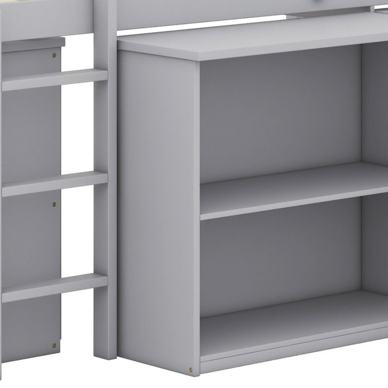 Lit mezzanine pour enfants avec tiroir, tablettes, bureau coulissant et garde-corps, Gris