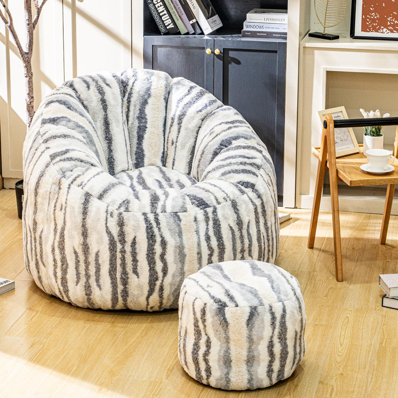 Fauteuil à billes avec repose-pieds Luxury Tigerskin, Blanc / Gris