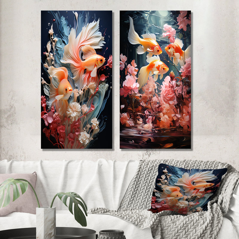 Minimalisme, aquariums, poissons - aquariums, ensemble de 2 impressions sur toile, H 28 po x l 25 po, Toile tendue