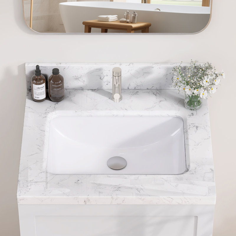 Dessus de meuble-lavabo à dossier rectangulaire l 24 po x H 4 po en pierre reconstituée blanc Carrara