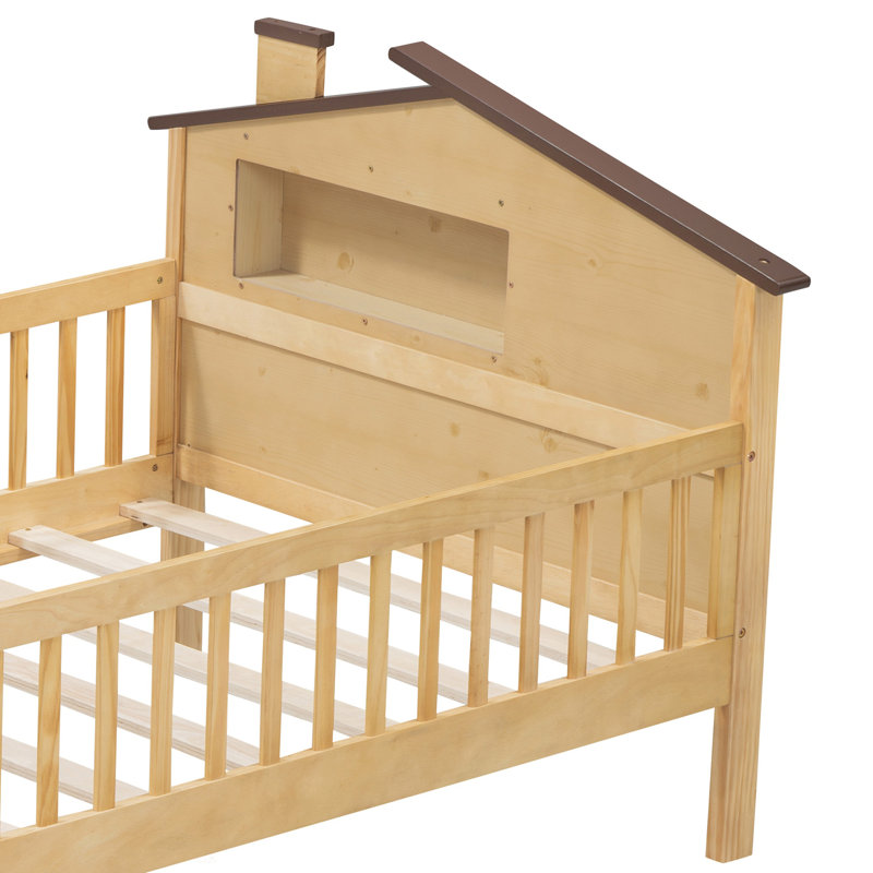 Lit plateforme en bois avec tête de lit en forme de maison, DEL et rangement intégré, cadre de lit, Lit simple, Naturel
