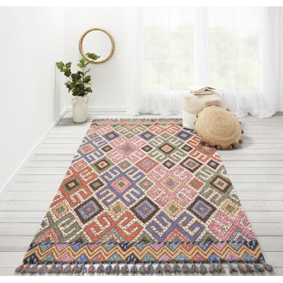 Tapis rose / bleu en laine touffeté à la main Ramage