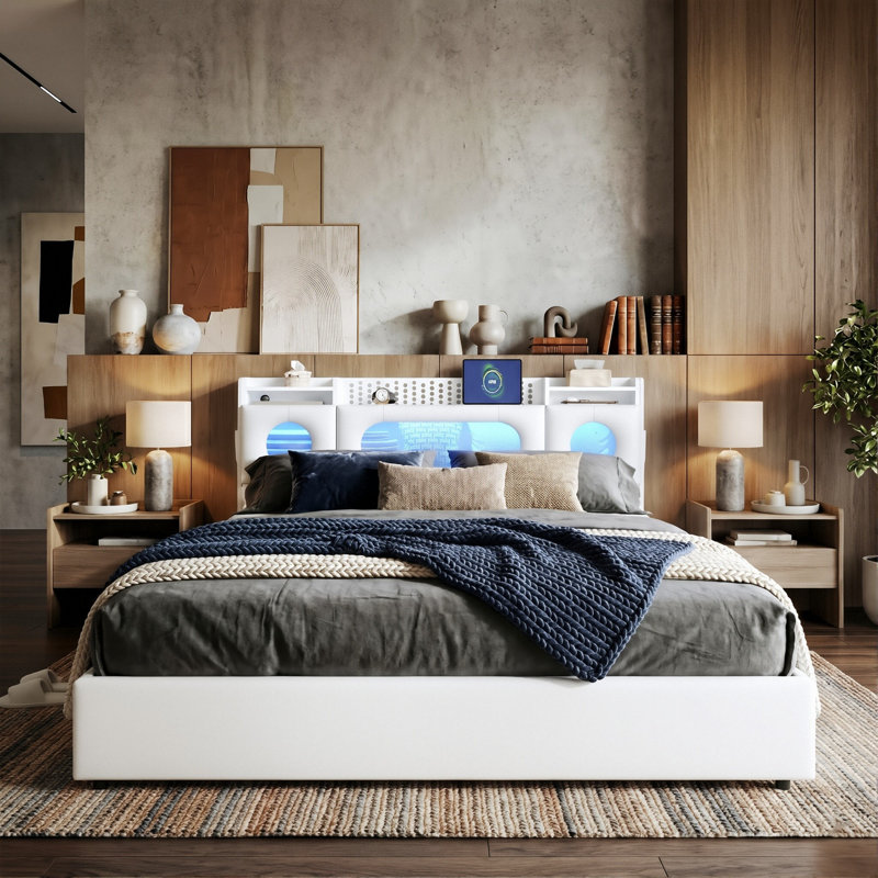 PU Leather Ottoman Bed, RGB LED Storage Headboard & USB-C Charging, European Double (140X200cm) & King (160X200cm) , White