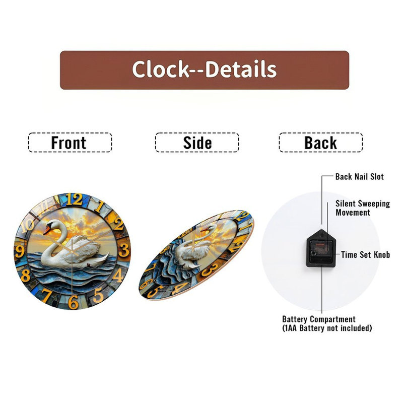 Horloge murale silencieuse en verre trempé de 30 cm, « Élégante horloge murale décorative Cygnes, œuvre d'art unique », sans tic-tac, fonctionne avec des piles (piles AA non comprises), décoration artistique pour la maison