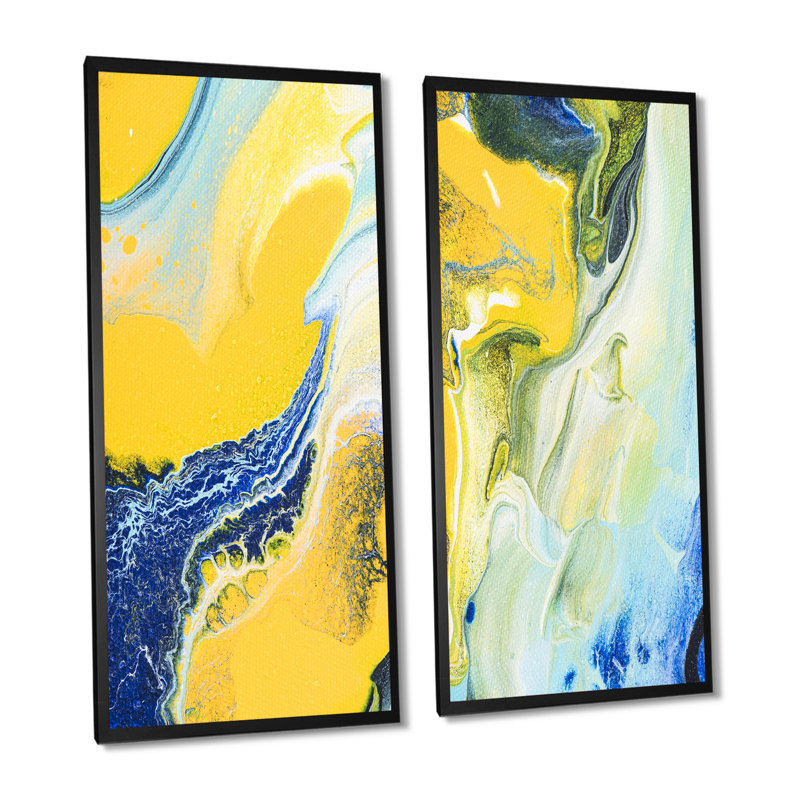Art mural abstrait jaune et bleu - ensemble de 2 toiles murales, H 32 po x l 32 po x P 1 po, Cadre photo noir