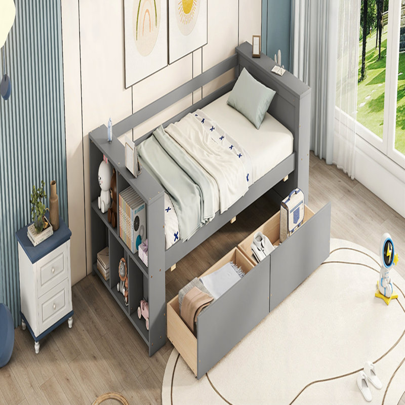 Lit de jour simple avec tablettes et tiroirs, Gris
