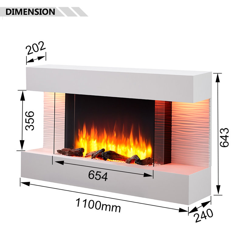 KINGSTON FLAMME Electric Fireplace with, White, 60cm H x 110cm W x 25cm D