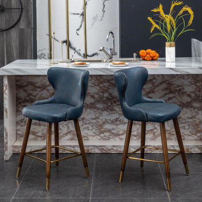 2 tabourets de comptoir de style moderne Mid-Century bleu avec similicuir et garniture cloutée