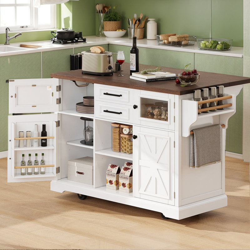 54.9" Kitchen Island With Drop Leaf, Power Outlet, Kitchen Storage Cart With 4 Door Shelves, Cross Barn Doors & Visual Glass Door, Rolling Kitchen Island On 4 Wheels
