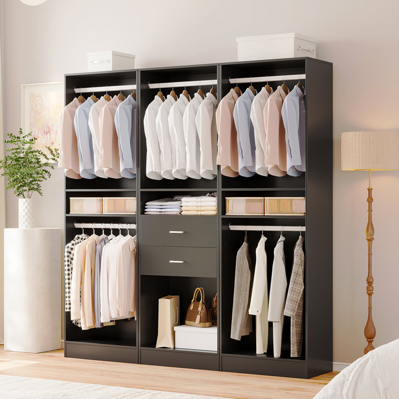 3-piece Set: 74.4"w Wardrobe Storage System With 2 Wooden Drawers And Hanging Rod, Black