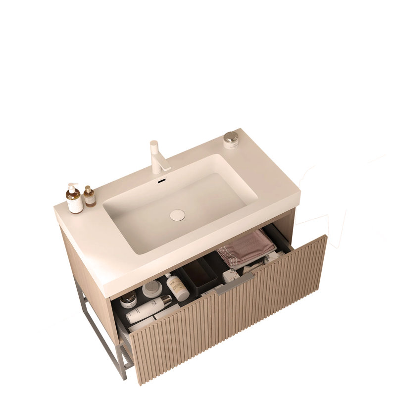 Meuble-lavabo 36 po avec lavabo, armoire de rangement autoportante en contreplaqué rayé avec tiroir et tablette ouverte