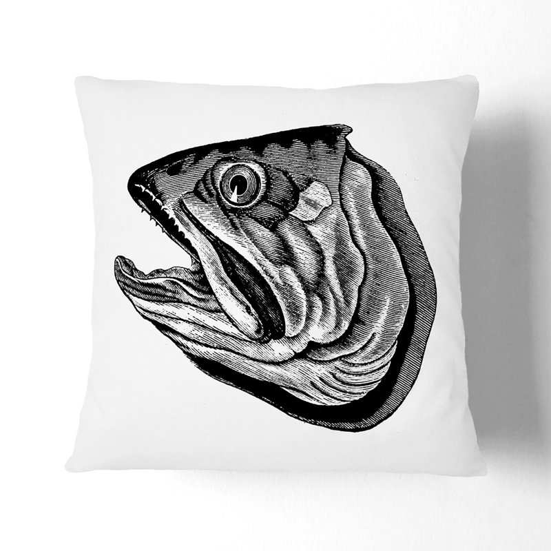 Fish Head Illustration Cushion with Filling, Black, 40cm H x 40cm W x 15cm D