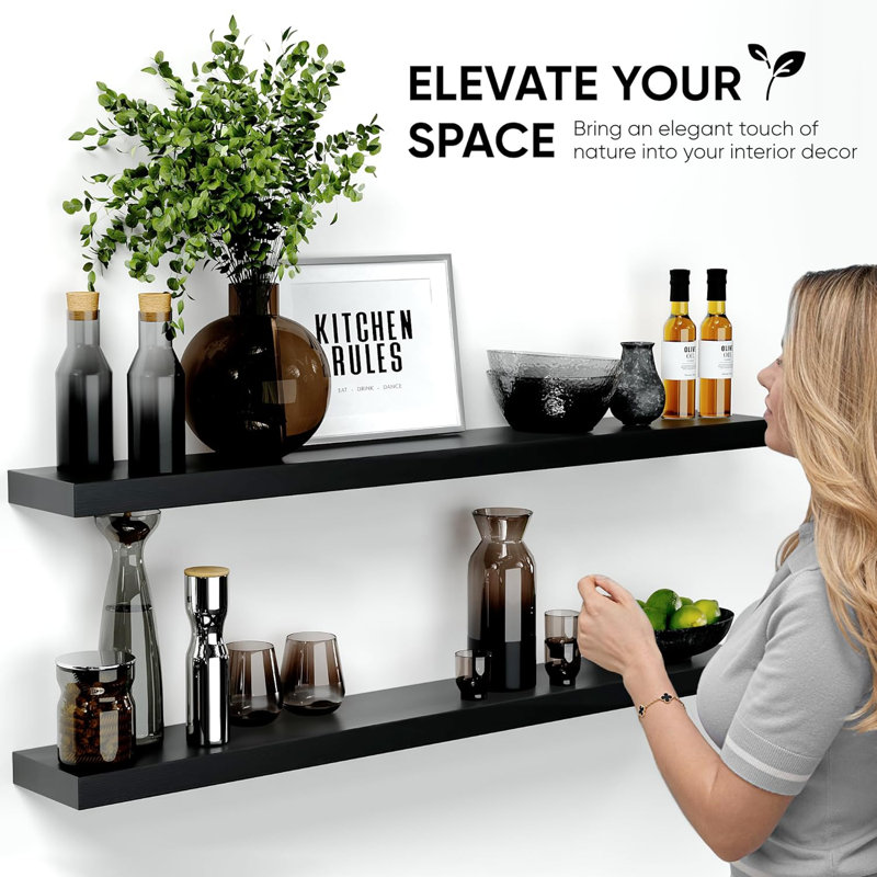 Floating Shelves For Wall, Premium Solid Wood Shelves With Heavy Duty Bracket, Set Of 2, Modern And Elegant Design For Home Decor