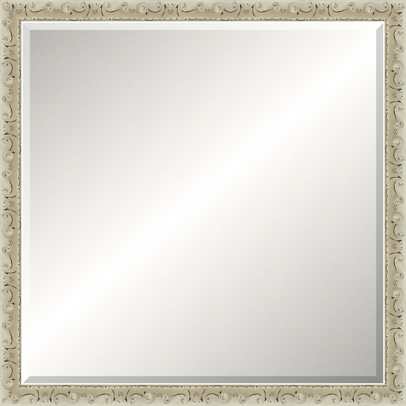 Distressed Antique Ivory Beveled Signature Mirror, Medium Square