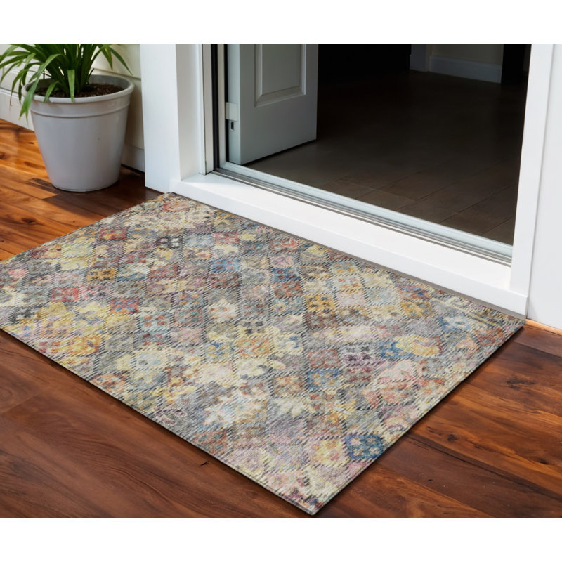 3' X 5' Gold Blue And Brown Floral Washable Indoor Outdoor Area Rug
