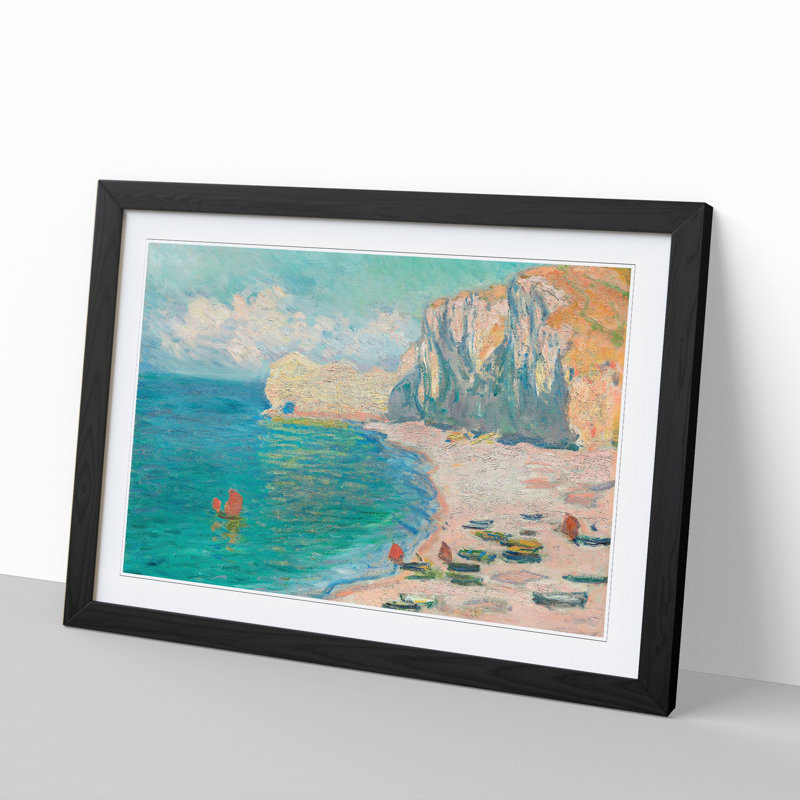 Beach and the Falaise D'Amont by Claude Monet - Picture Frame Painting, 48cm H x 65cm W x 2cm D, Black Framed