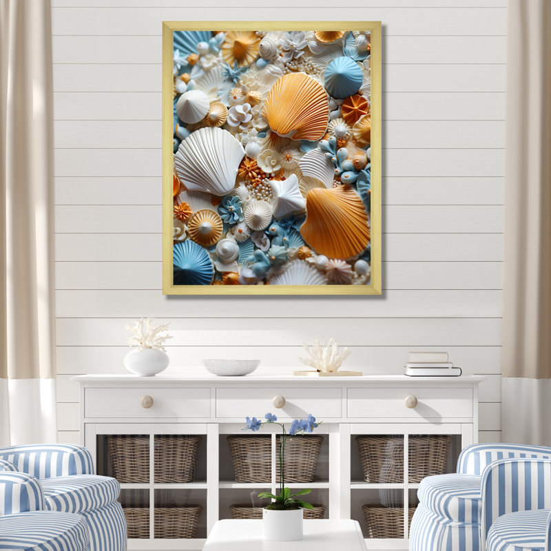 Jaune et bleu, coquillage symphonie I - art mural côtier tropical, Cadre doré simple, H 20 po x l 12 po x P 1 po